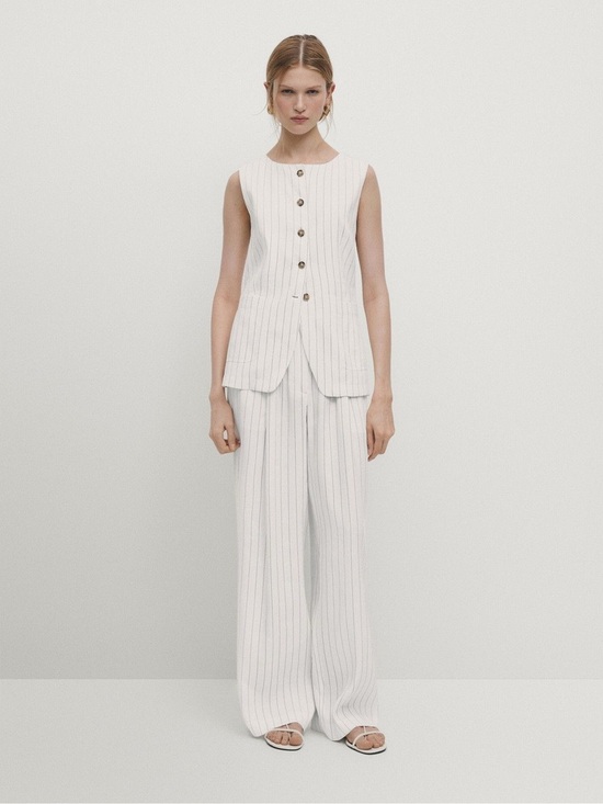 Massimo Dutti Pants - Massimo Dutti White Pinstripe Wide-Leg Pants